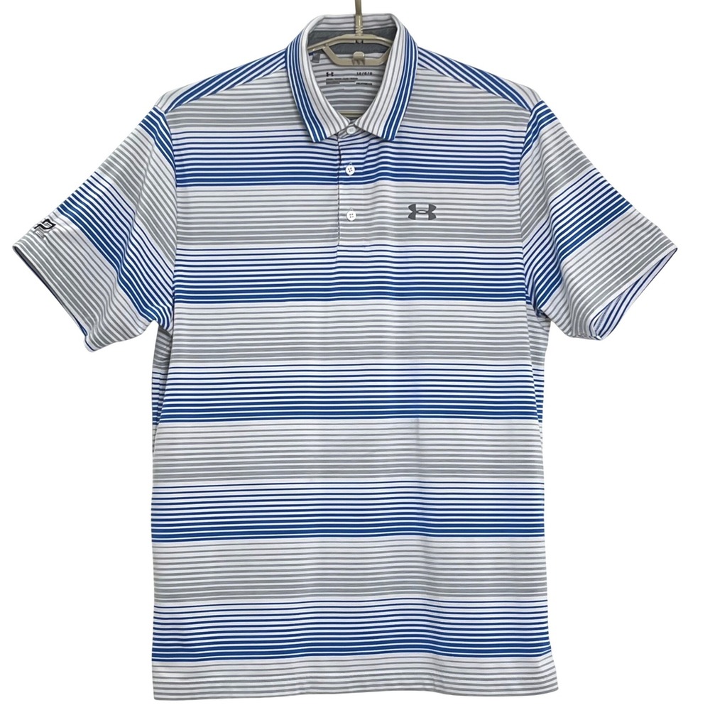 Under Armour Mens Polo Shirt L Blue Gray Striped Loose Fit HeatGear Golf 1253479